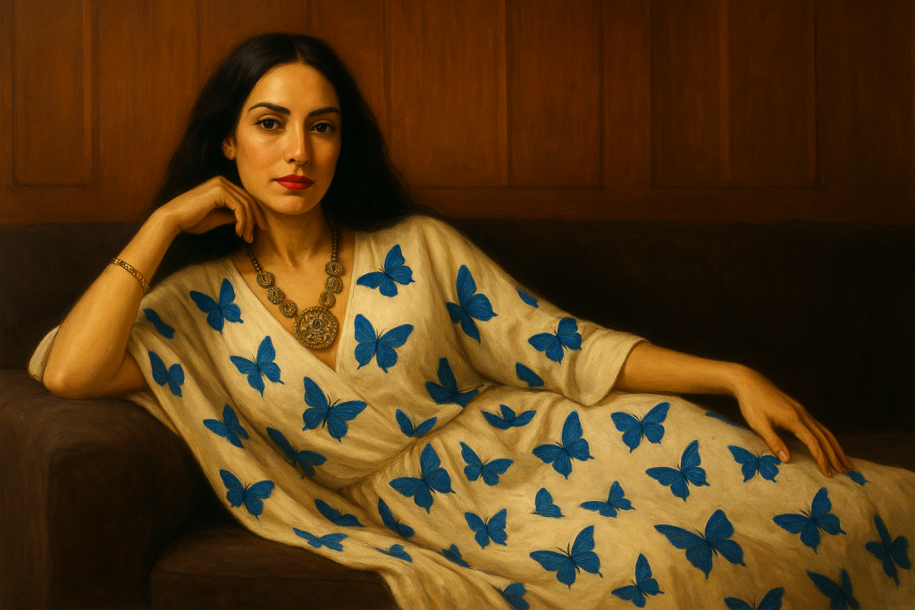 Woman on daybed, wearing kaftan, dark haired, butterfly motif