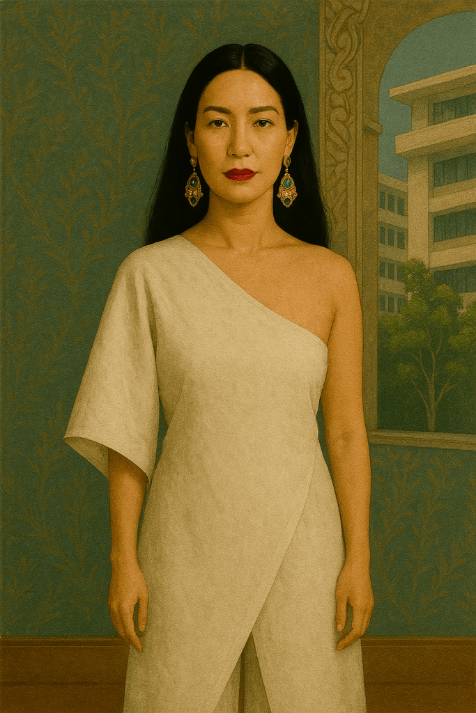 Elegant heirloom portrait of an Asian woman in an ivory gown