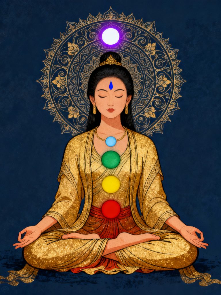 Woman in Yoga Pose with Chakras showing
