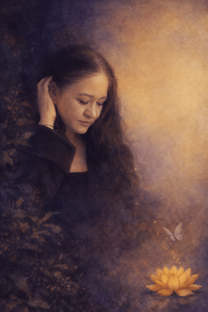 woman,right hand at ear, stroking hair