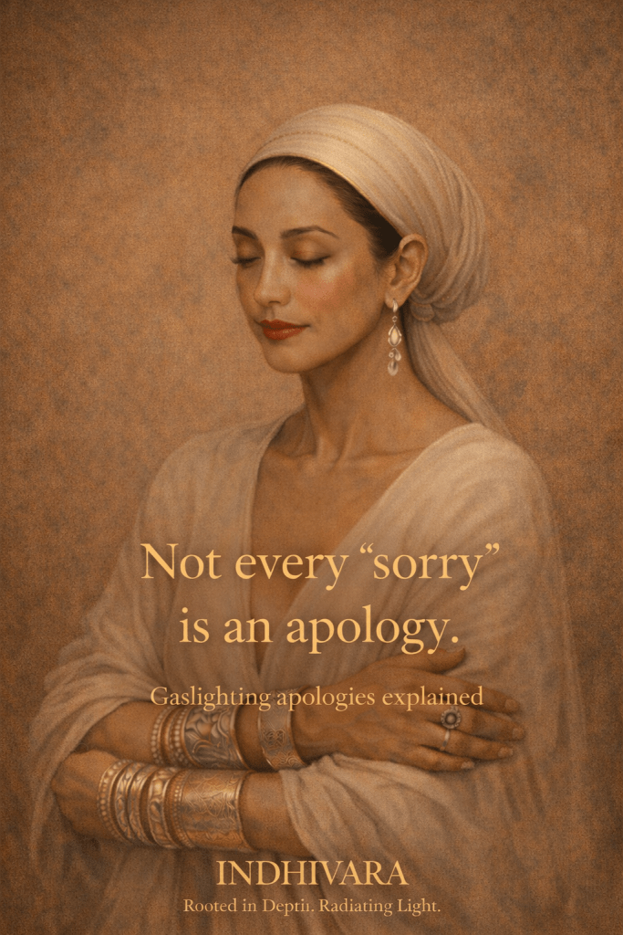 woman crossing arms,apology, scarf in beige pluskaftan, closed eyes