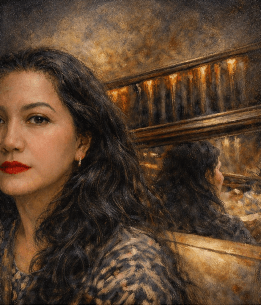 Painterly portrait with warm golden tones and red lipstick, used as a Midweek Return grief practice visual