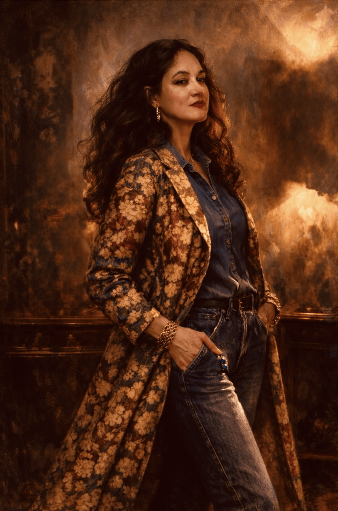 Painterly portrait of a woman in a floral coat and denim standing in warm lamp light with a calm, self-possessed expression