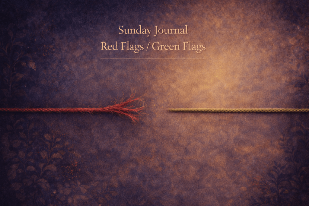 Frayed red thread and continuous brass-green thread across an indigo and gold painterly field.