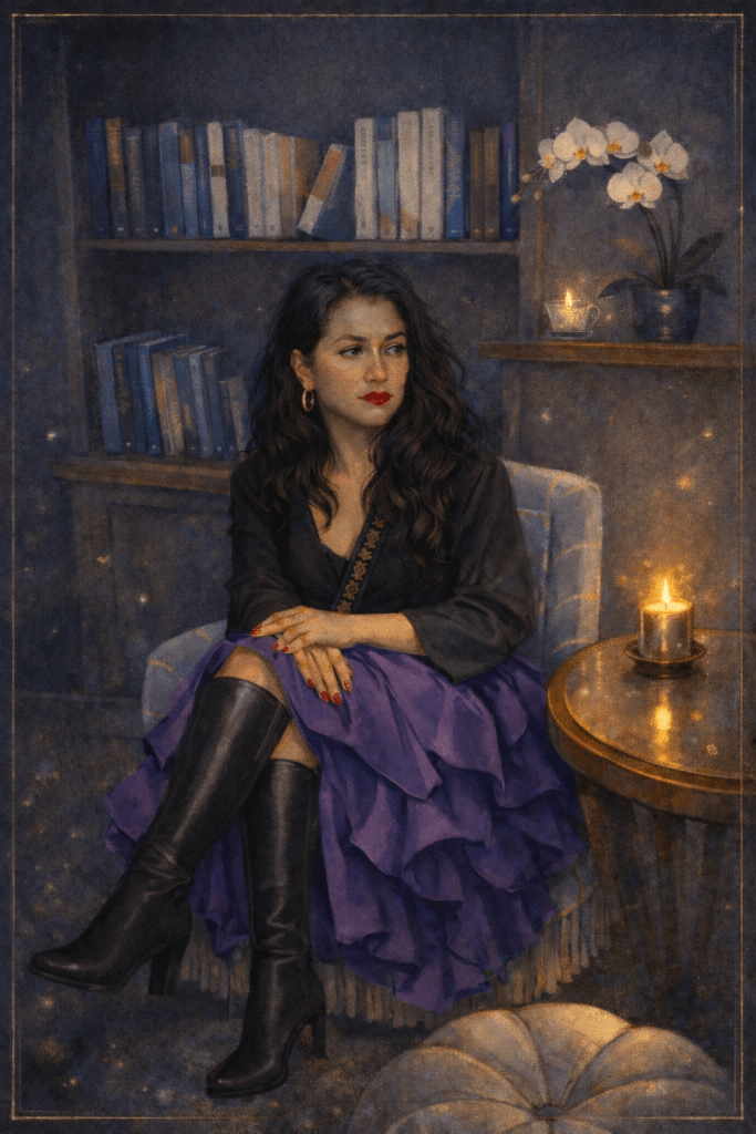 Woman sitting in a quiet library room with candlelight, orchid, and bookshelves — Indhivara Sunday Journal illustration