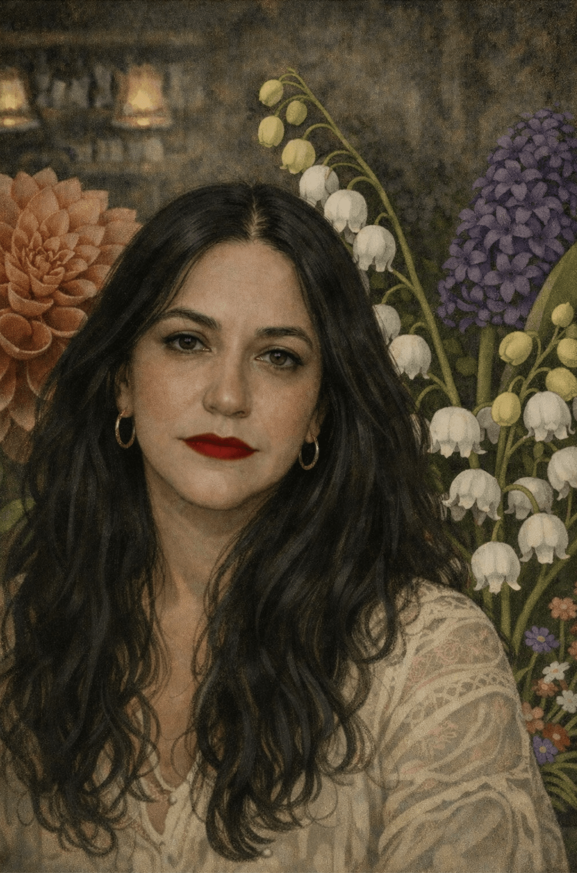 Painterly portrait of a dark-haired woman in a floral setting for Indhivara’s Midweek Return healing post