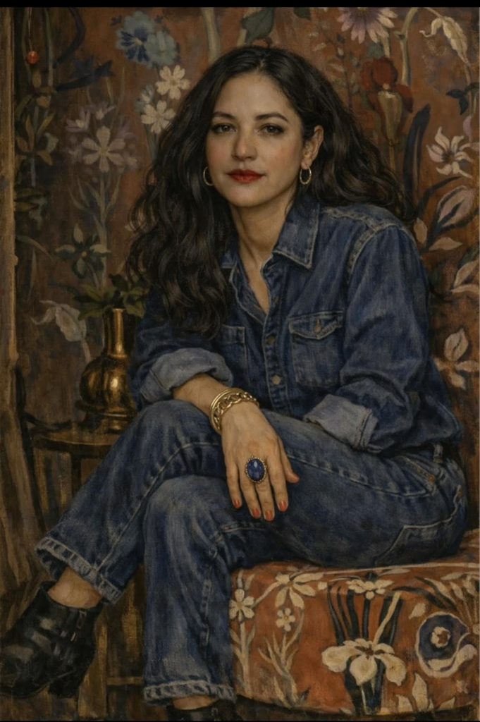 Painterly portrait of a dark-haired woman in denim seated against a floral tapestry, calm and reflective