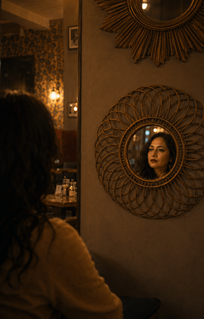 Reflective woman seen through mirror in warm interior light, painterly Indhivara style.
