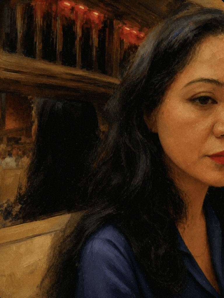 Painterly Indhivara portrait of a woman in a blue blouse, seated beside a mirror in a warm interior, reflecting themes of memory, time, and quiet emotional distance.