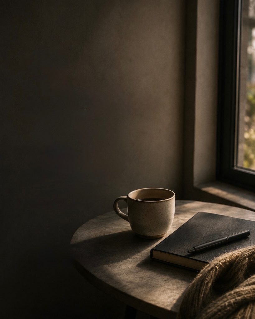Warm interior with tea, notebook, and soft window light with reflective editorial text about emotional stillness