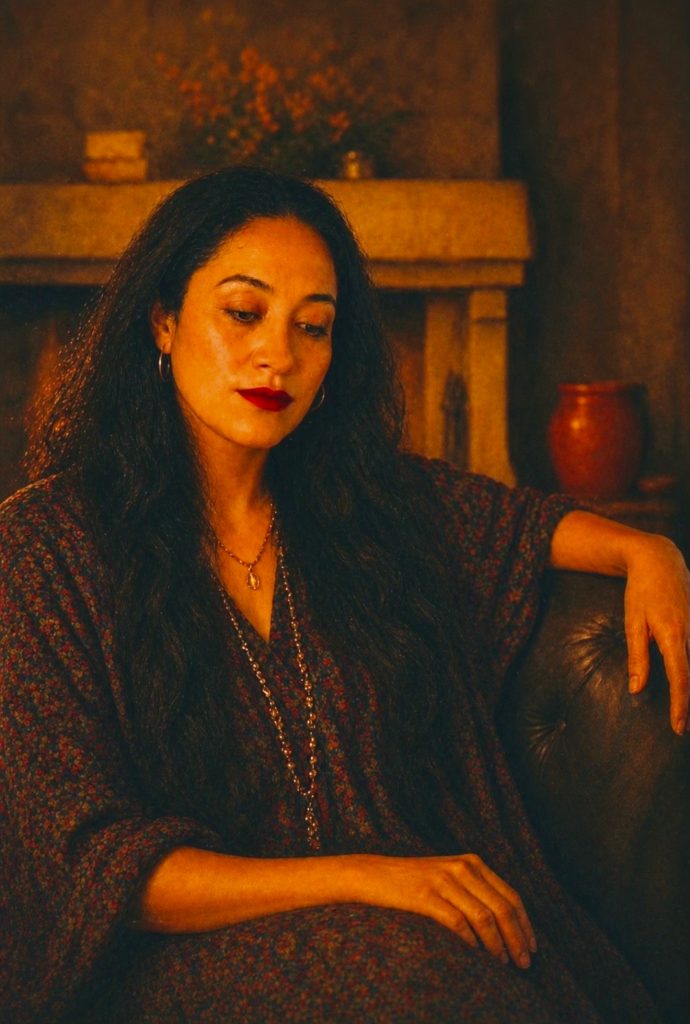 Woman seated in warm interior light, quiet reflective mood, Indhivara style