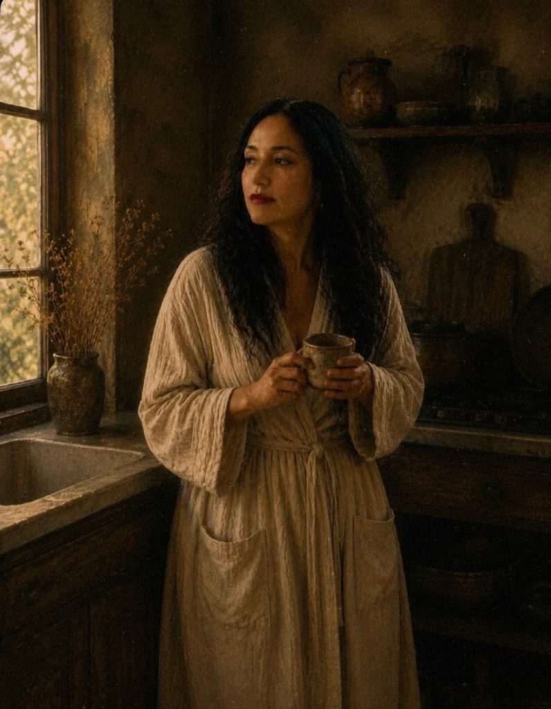 Woman standing barefoot in a softly lit kitchen wearing a cream bathrobe, making tea in a calm painterly atmosphere