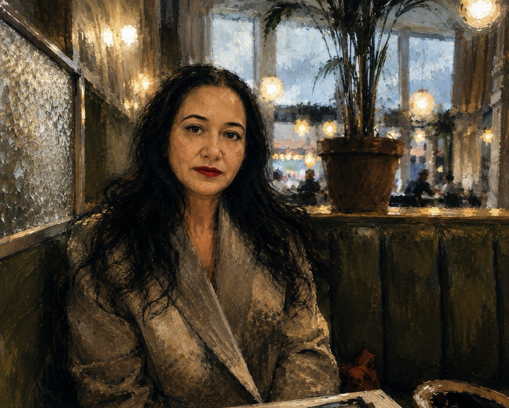 Painterly portrait of a woman sitting quietly in a warm café at dusk, reflecting on beauty, books and the cultivated life.