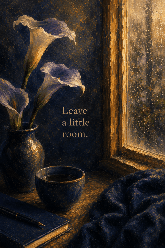 calla / rain reflection / warm window light atmosphere