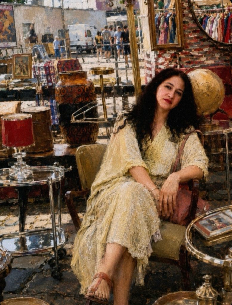 Bettina Gosch seated among antiques and vintage objects at a flea market, reflecting on beauty, curiosity, and the small things that give life meaning.