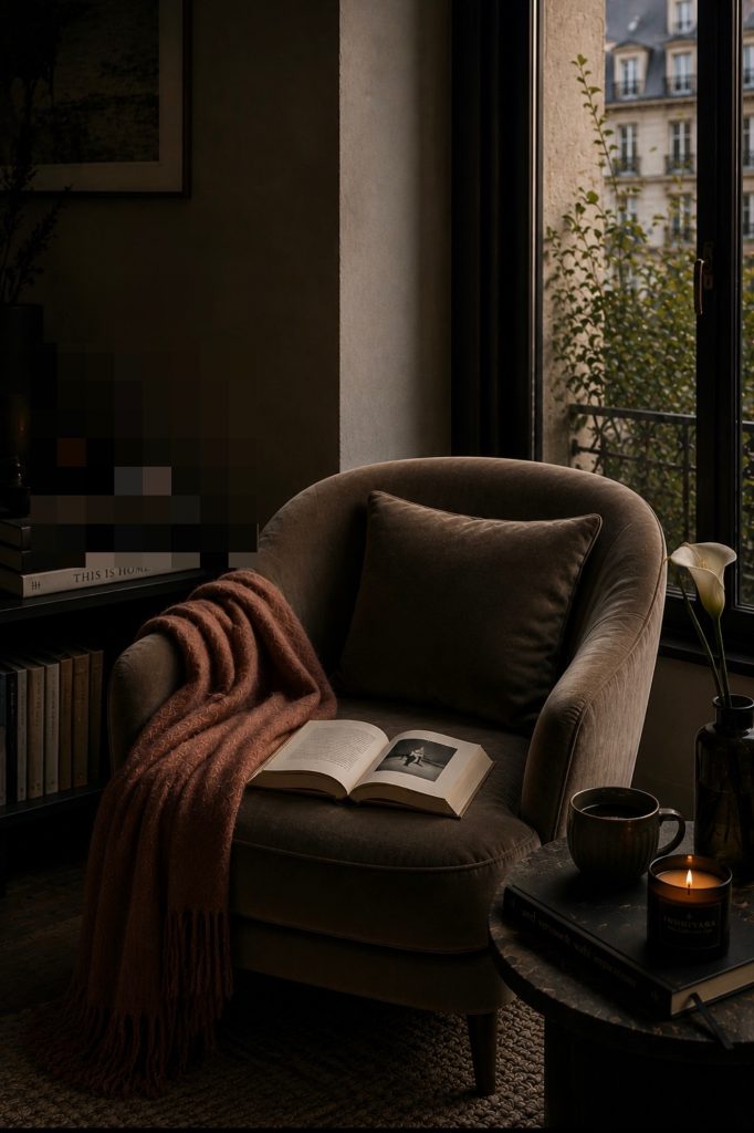 Indhivara Midweek Return illustration featuring a velvet reading chair, open book, warm candlelight, terracotta blanket, and window view. A contemplative scene about reflection, nervous system regulation, and creating space before responding.