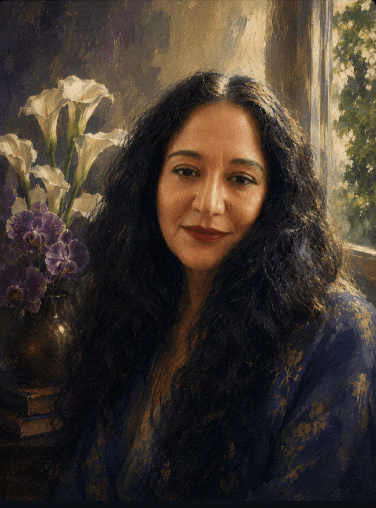 Painterly portrait of Bettina by a window reflecting on books, memory, curiosity and the things cultivated over a lifetime.