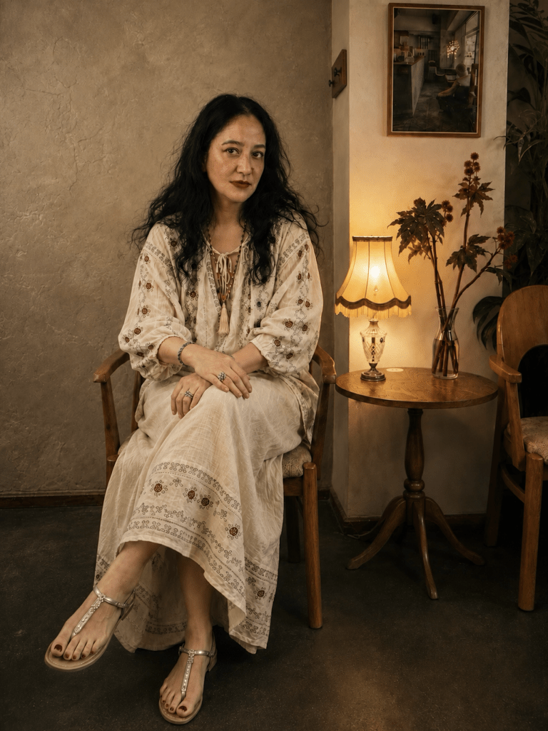 A woman in a cream embroidered dress sits in a softly lit Japanese café beside a vintage lamp and a vase of red branches.