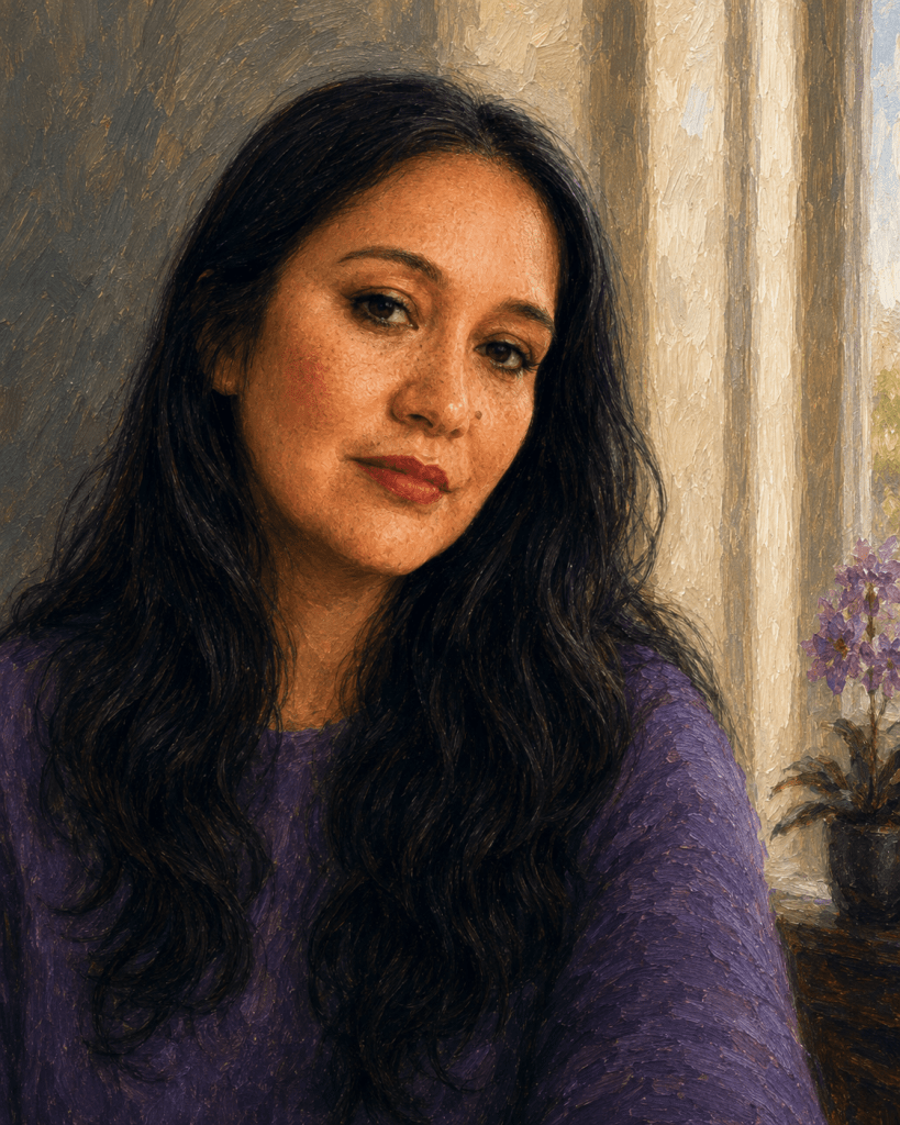 Painterly portrait of a calm woman in a purple sweater by a softly lit window, with small purple flowers in the background.