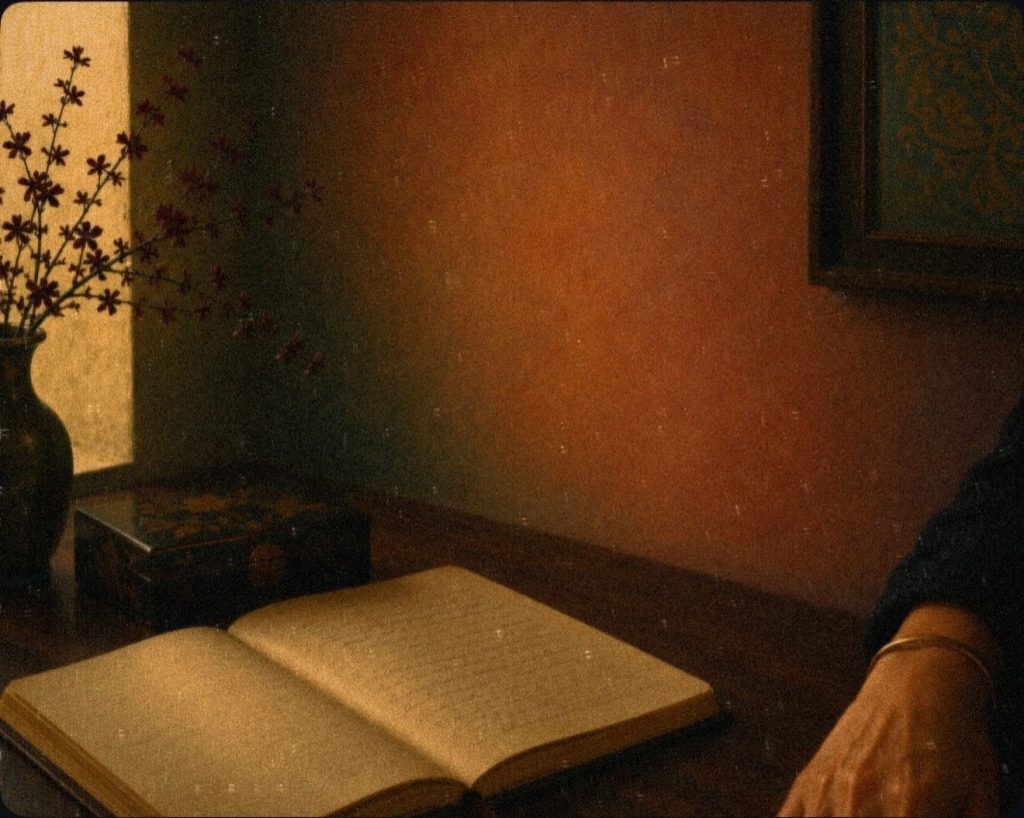 Painterly illustration of an open handwritten notebook, a woman's hand and a dark lacquered box in a warm, muted interior.