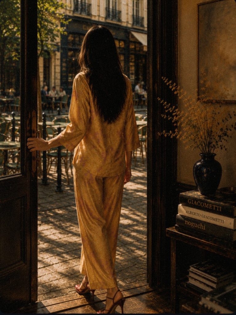 Painterly illustration of a woman in a golden silk trouser suit and red heels stepping through a café doorway into a sunlit European street.