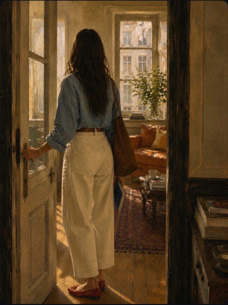 A woman in a blue chambray shirt and ecru jeans opens the door to a warm apartment while holding a book, symbolising quiet courage and the beginning of a cultivated life.