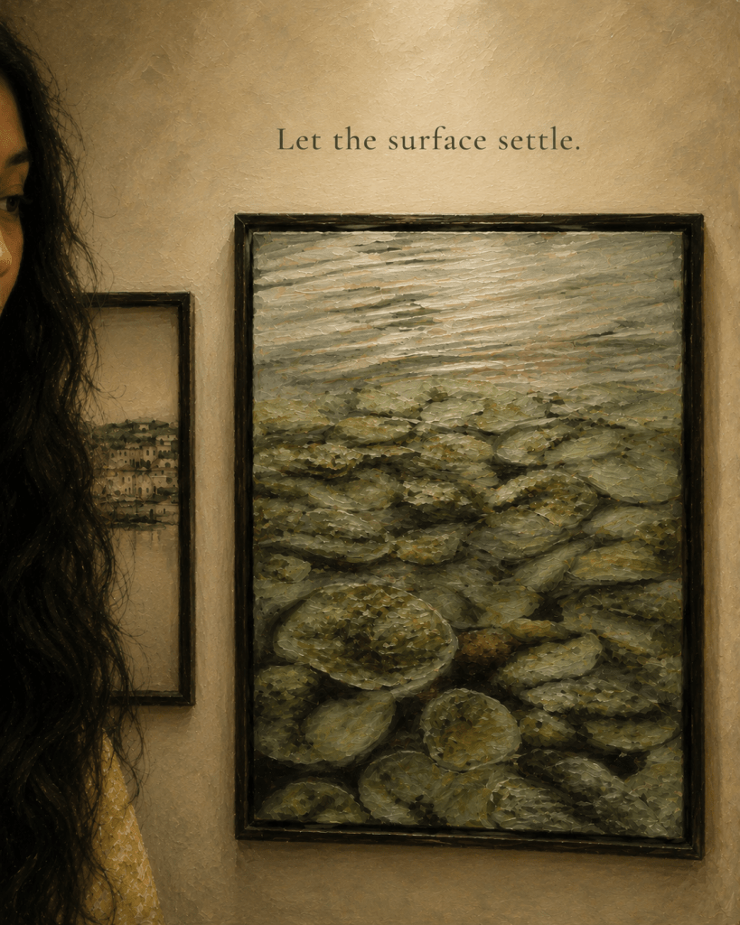 Painterly Indhivara-style image of a quiet gallery wall with a framed lily-pad painting as the central focus, while only a small part of a woman’s face, hair, and yellow patterned garment appears at the left edge. The image carries the line “Let the surface settle.”