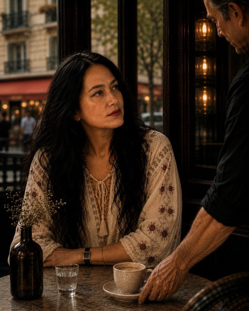 A woman in a café looks attentively at the person placing a cup of coffee on her table, illustrating the simple act of acknowledging another person.