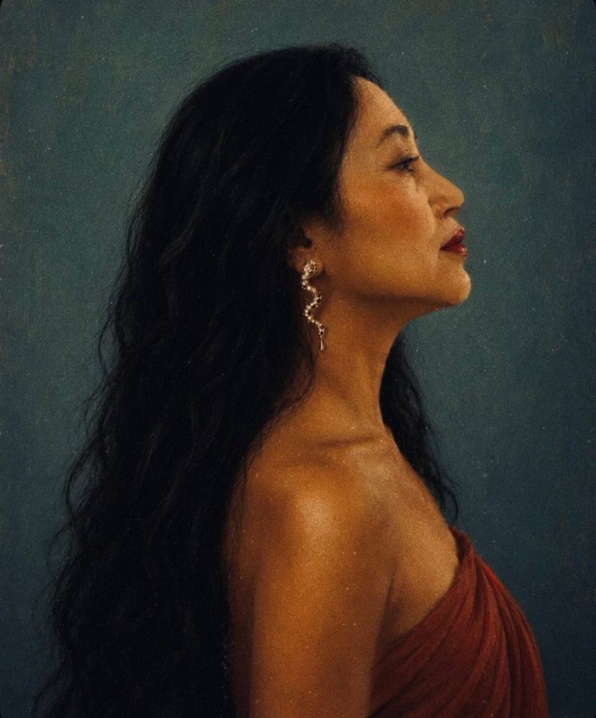 Painterly profile portrait of a woman in a terracotta dress against a deep blue background, symbolising quiet confidence, attention and the cultivated life.