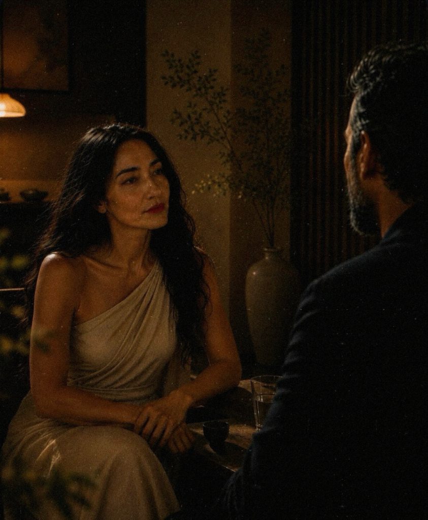 Two people in quiet conversation in a warm, softly lit interior, illustrating attention, listening and human connection.