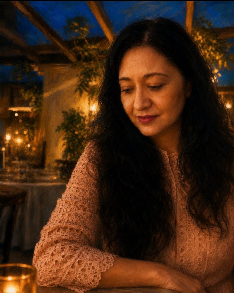 Painterly portrait of a woman seated at a restaurant table at blue hour, reflecting on friendship, time and meeting old school friends again.