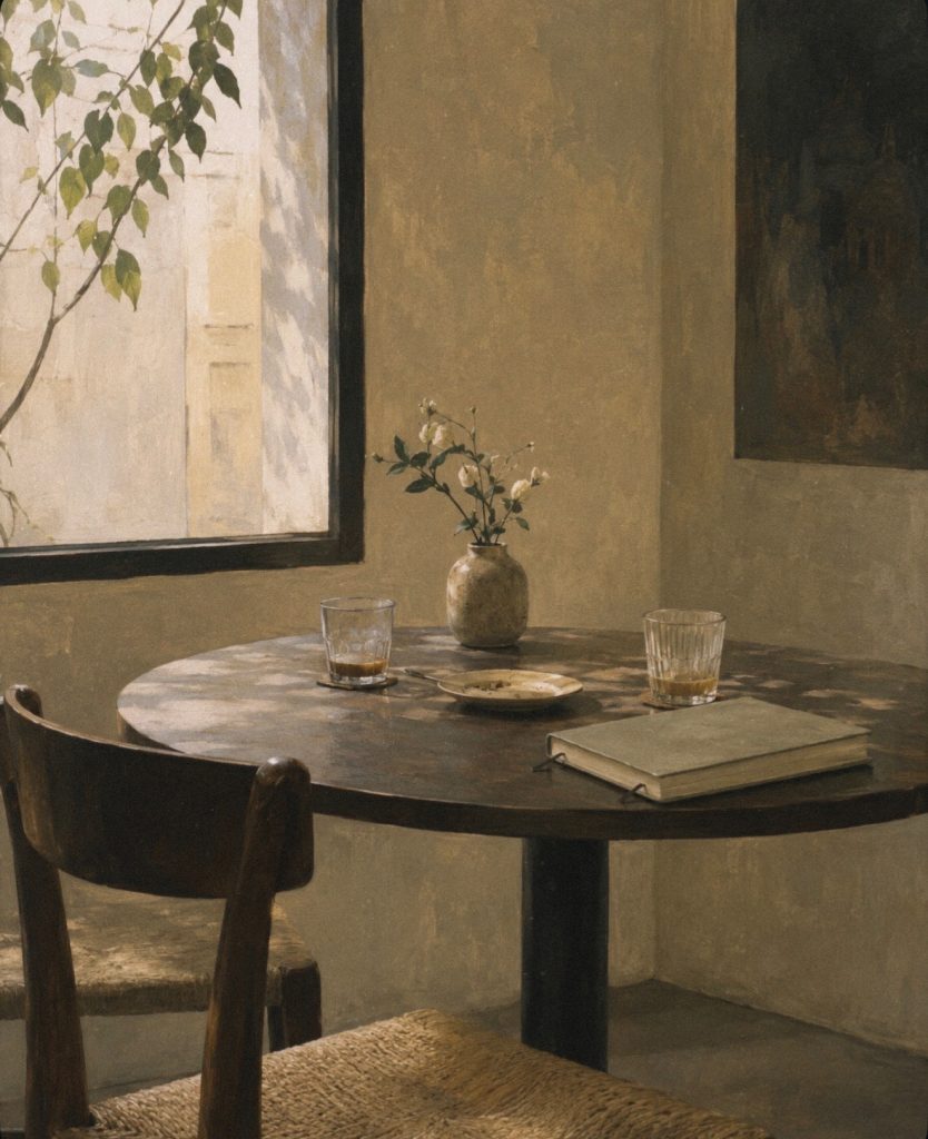 Two glasses, a notebook and flowers on a quiet café table by a window, suggesting an unfinished conversation and the pleasure of staying curious.