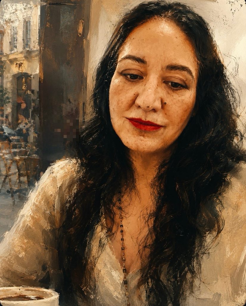 Painterly portrait of a dark-haired woman seated in a café, looking quietly outward in a warm, understated interior.