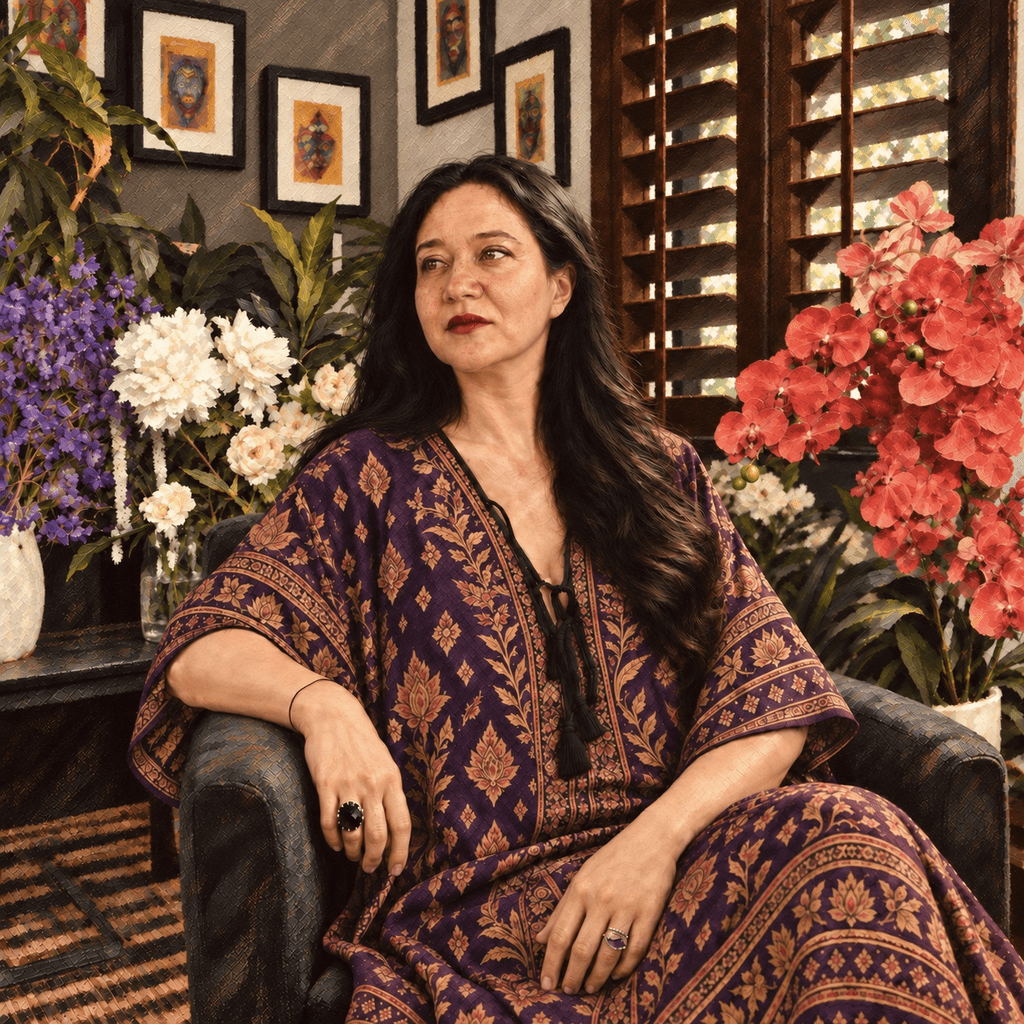 Painterly illustration of a woman in a deep-purple kaftan seated among orchids and abundant flowers in a warm, dark-wood interior.