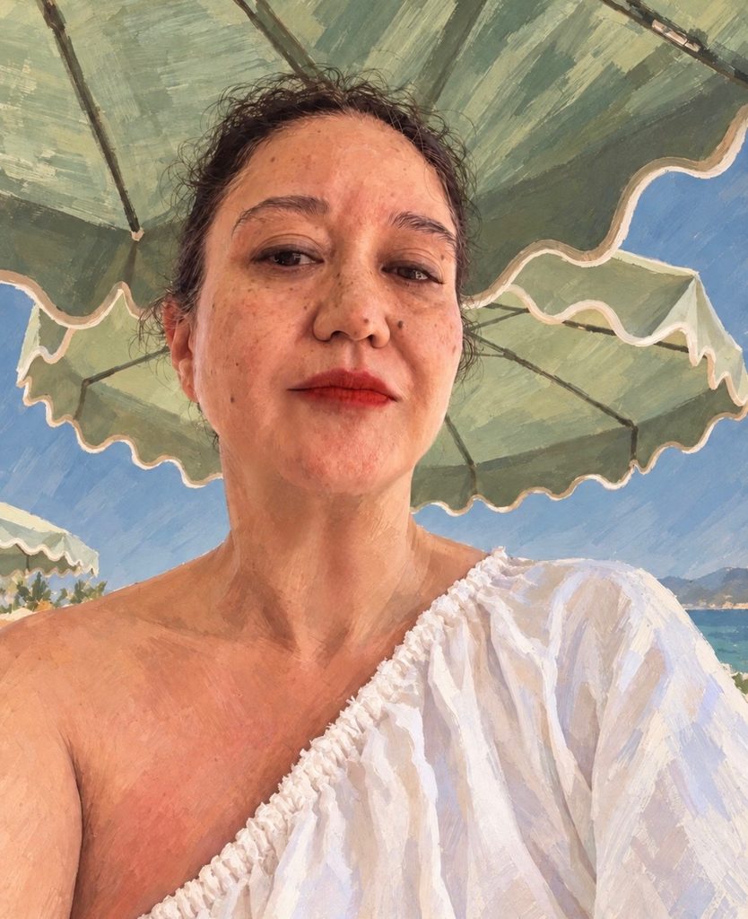 Painterly close-up portrait of a dark-haired woman in a white one-shoulder dress beneath a pale-green parasol by the sea.