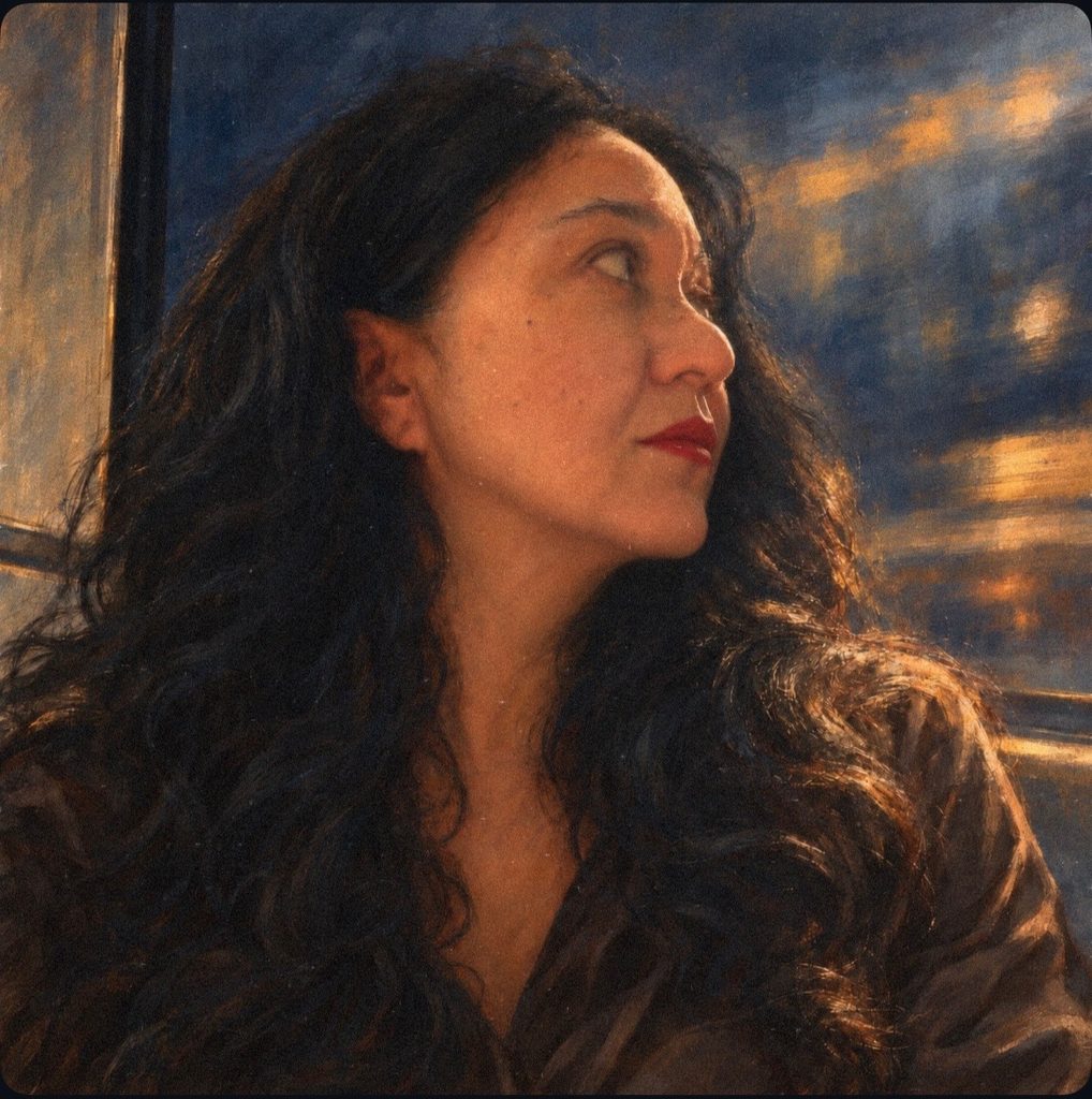 Profile portrait of a woman with long dark hair, shown in quiet side view against a soft, muted background.
