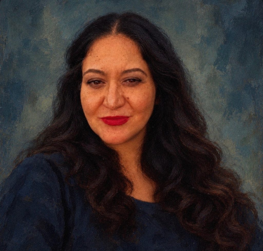 Painterly portrait of a woman with long dark hair and red lips against a muted blue-grey background.
