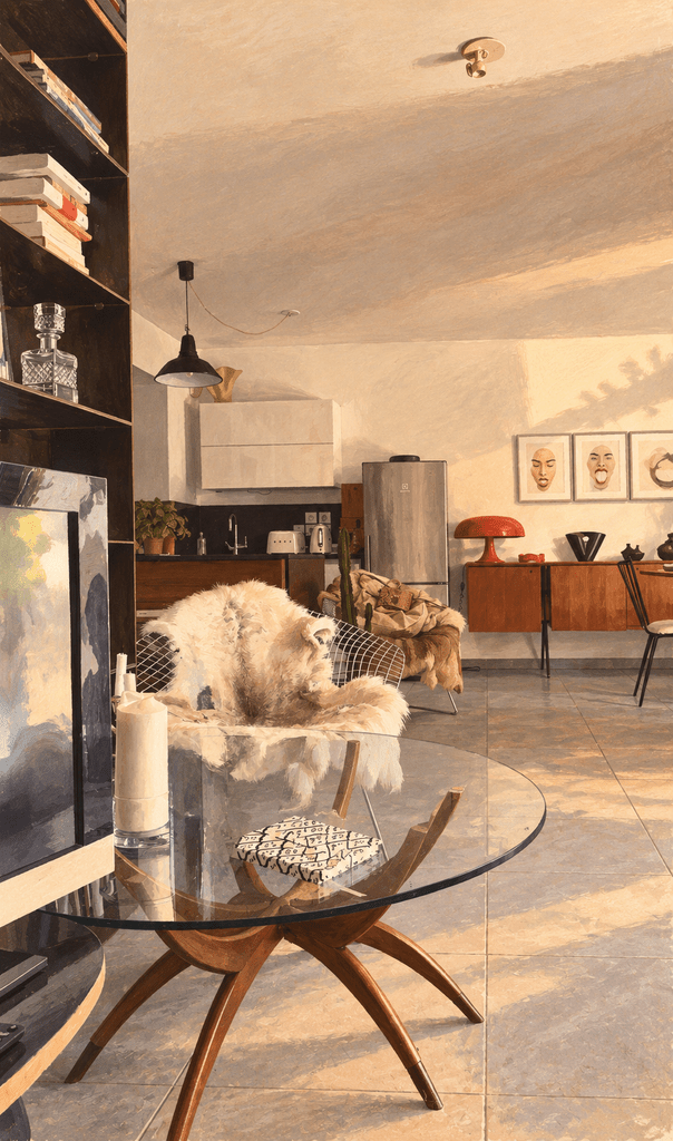 Sunlit living room in a friend’s home in Fréjus, furnished with mid-century pieces, art and collected objects.