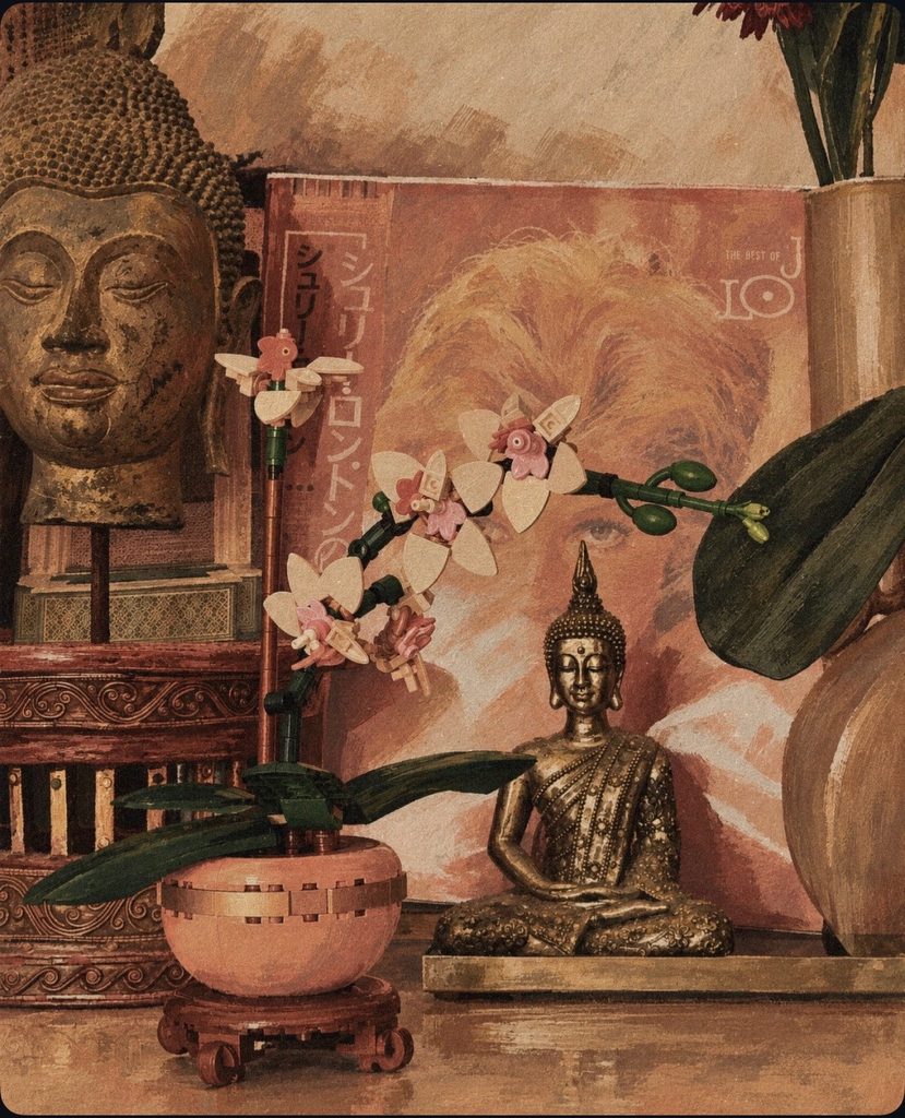 Painterly illustration of a bedroom sideboard with a white Lego orchid displayed among personal objects in a warm, lived-in interior.