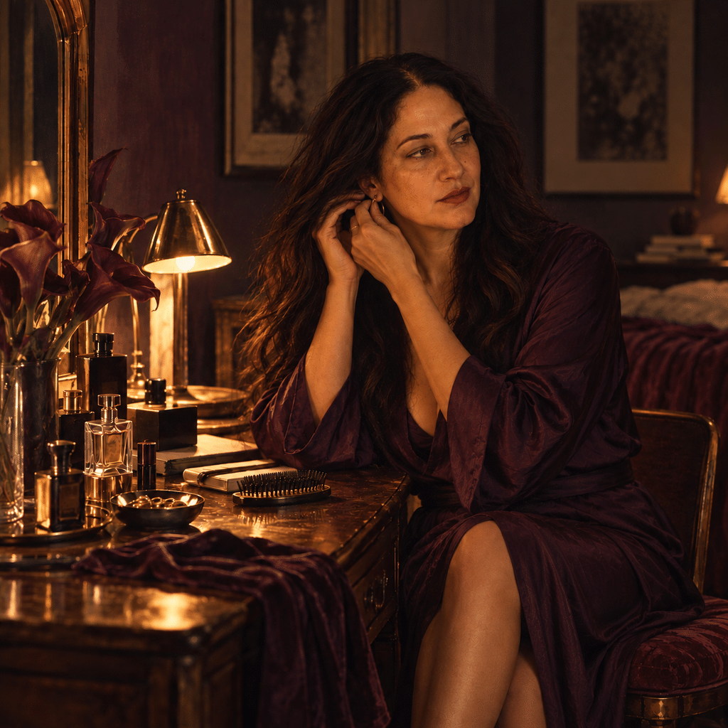Painterly INDHIVARA illustration of a dark-haired woman in a plum satin dress, adjusting an earring at her dressing table. Warm lighting and an intimate interior evoke the pleasure of anticipation.
