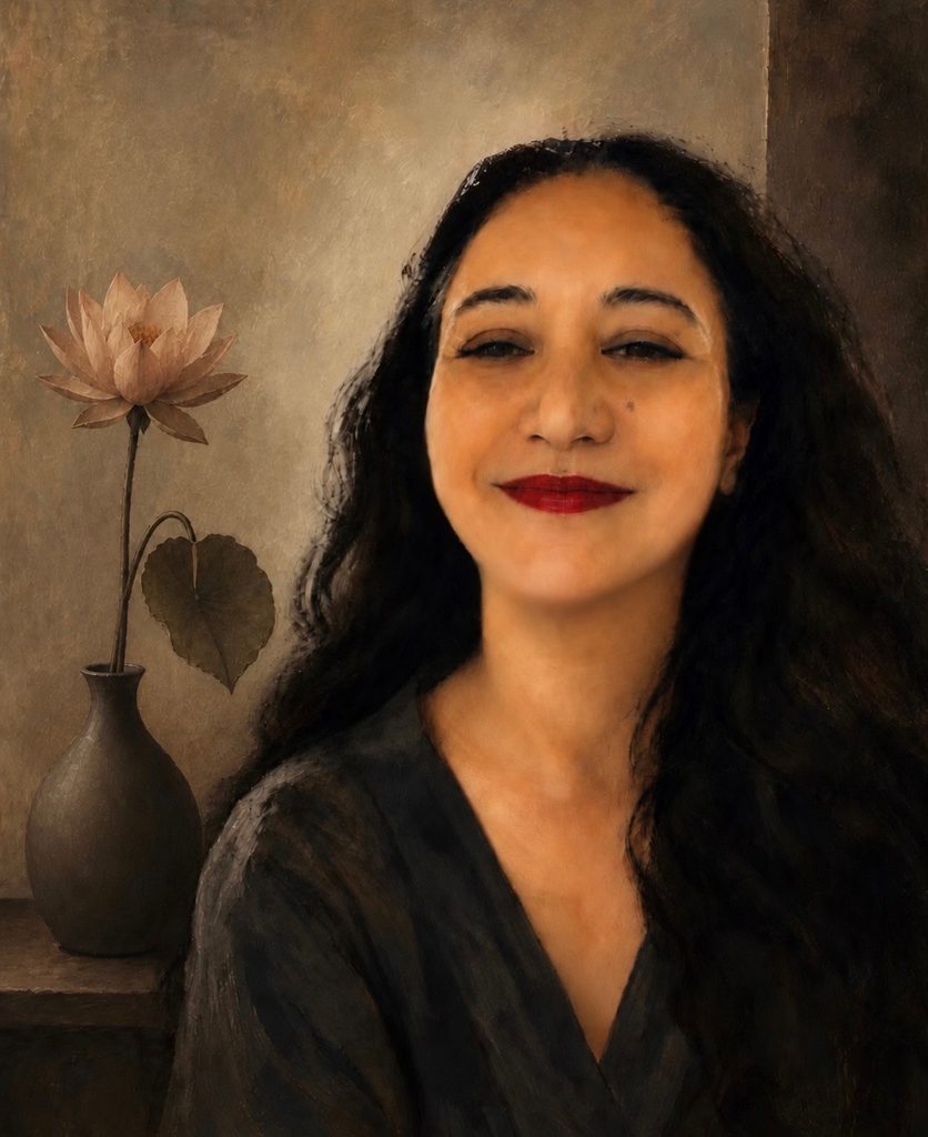 Painterly portrait of a woman beside a lotus flower, reflecting quiet confidence and the pleasure of one’s own company.