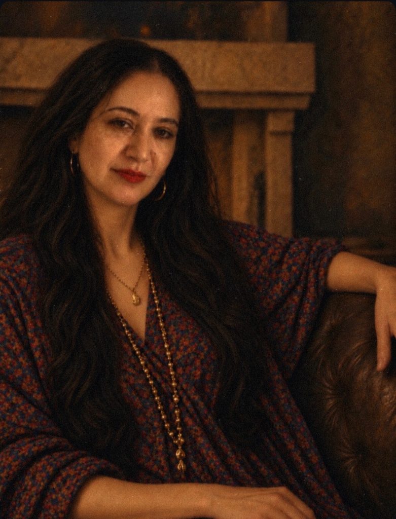 Bettina seated in a dark blue kaftan against a warm ochre background, holding a glass, in a painterly INDHIVARA illustration.