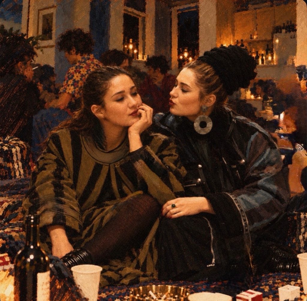 Painterly illustration of two young women at a late-1980s apartment party in Philadelphia. One wears a black Perfecto leather jacket, the other a striped coat. Guests sit on a dark carpet in a sparsely furnished apartment, recalling an unforgettable evening on South Street.